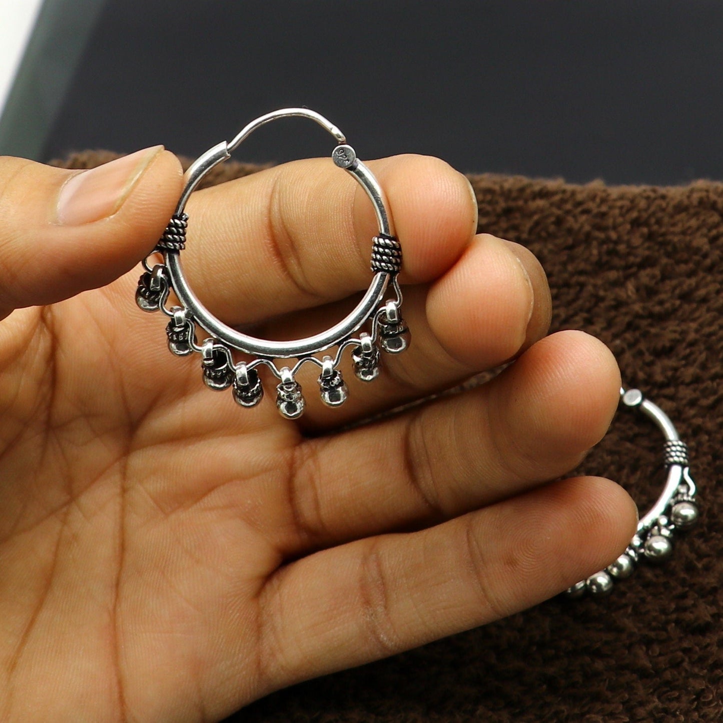 Genuine 925 Sterling silver handmade fabulous hoops earrings with hanging bells amazing antique earrings jewelry for girl's ear545 - TRIBAL ORNAMENTS