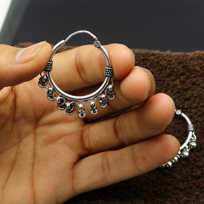 Genuine 925 Sterling silver handmade fabulous hoops earrings with hanging bells amazing antique earrings jewelry for girl's ear545 - TRIBAL ORNAMENTS