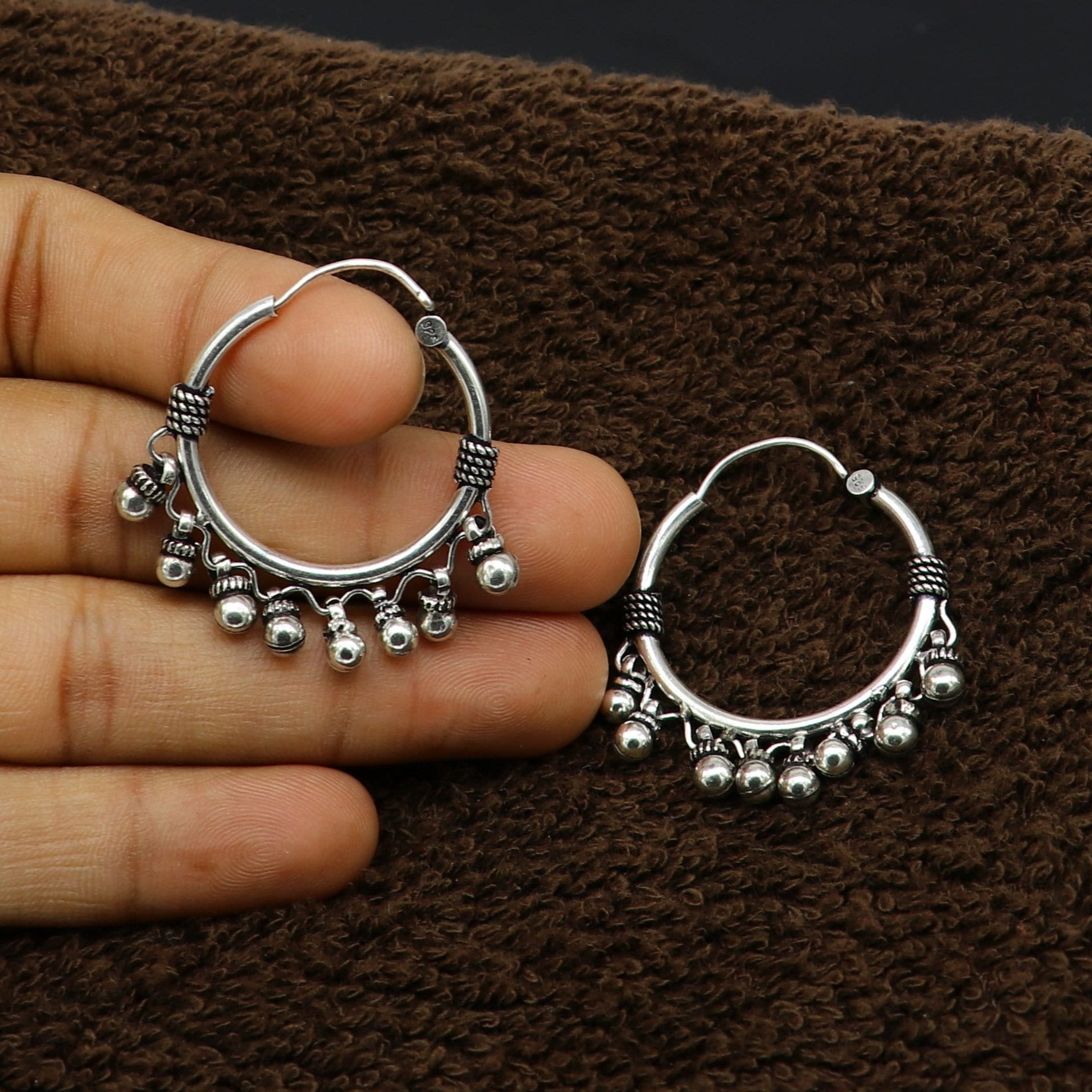 Genuine 925 Sterling silver handmade fabulous hoops earrings with hanging bells amazing antique earrings jewelry for girl's ear545 - TRIBAL ORNAMENTS