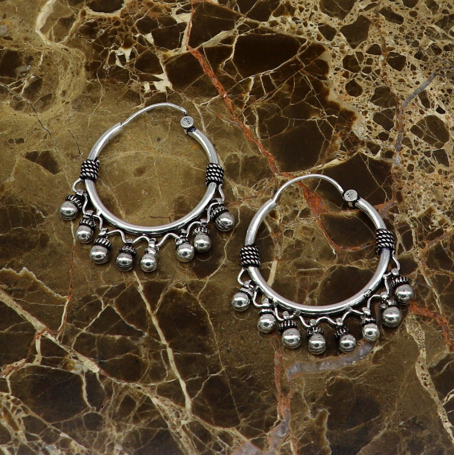Genuine 925 Sterling silver handmade fabulous hoops earrings with hanging bells amazing antique earrings jewelry for girl's ear545 - TRIBAL ORNAMENTS