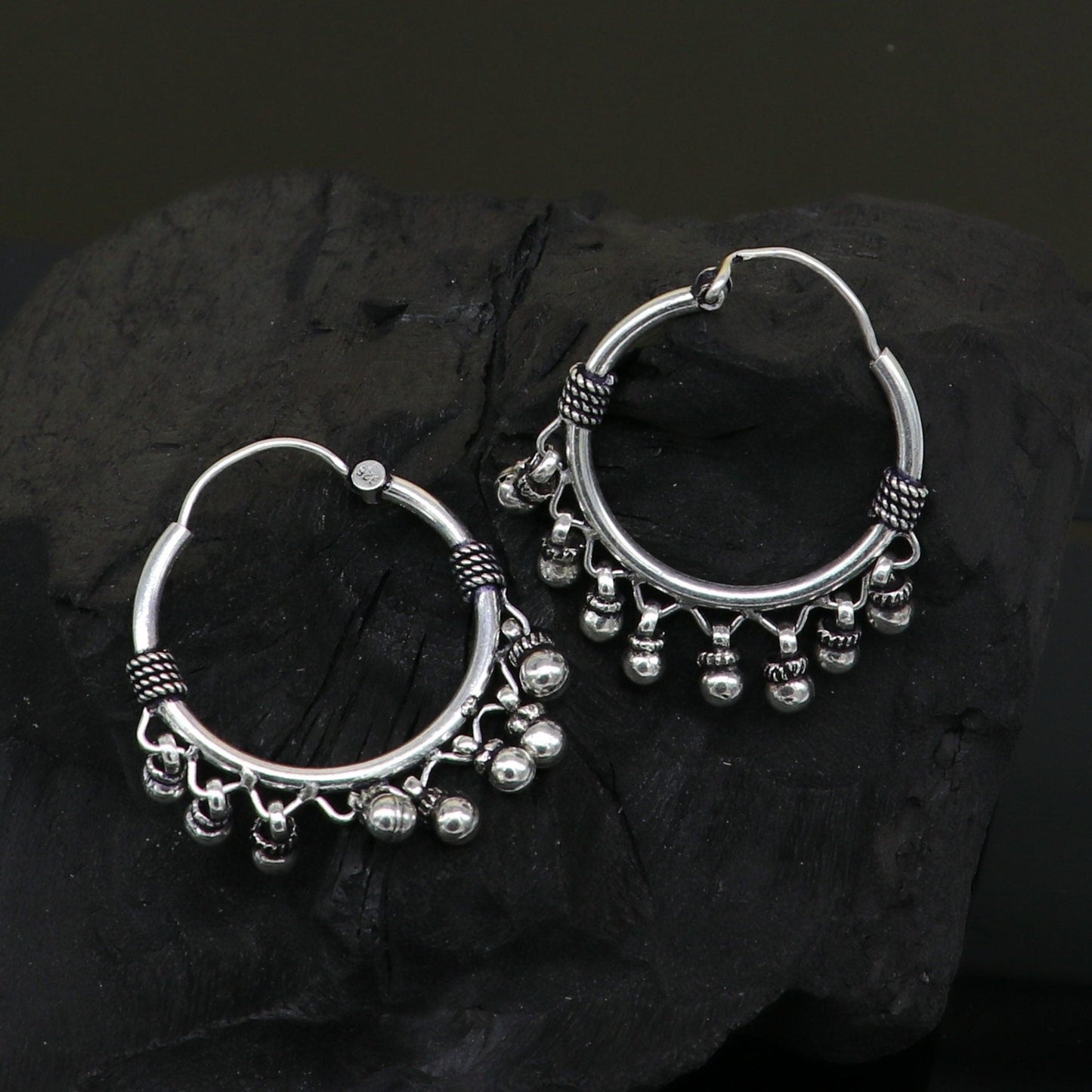 Genuine 925 Sterling silver handmade fabulous hoops earrings with hanging bells amazing antique earrings jewelry for girl's ear545 - TRIBAL ORNAMENTS