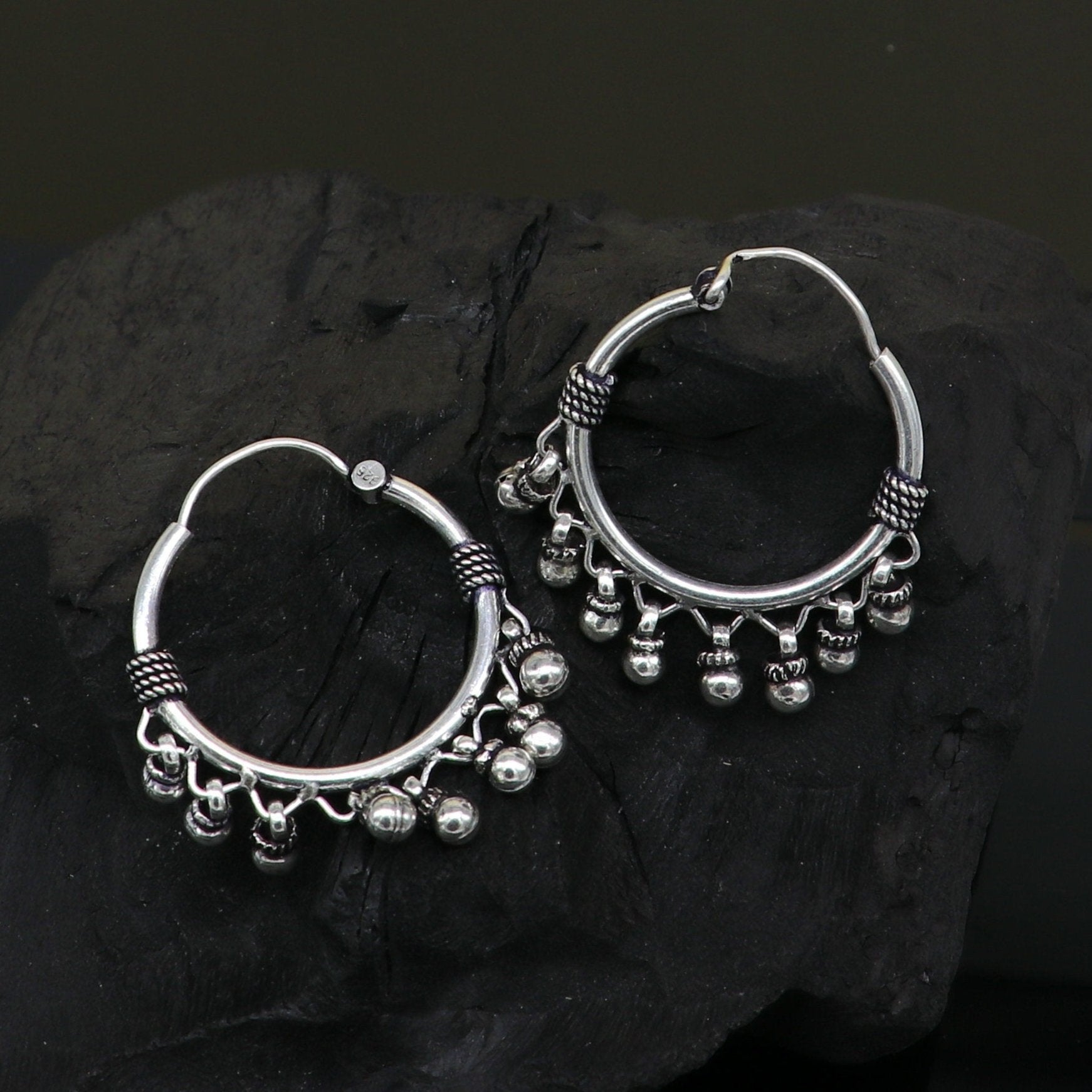 Genuine 925 Sterling silver handmade fabulous hoops earrings with hanging bells amazing antique earrings jewelry for girl's ear545 - TRIBAL ORNAMENTS