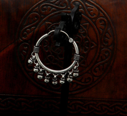 Genuine 925 Sterling silver handmade fabulous hoops earrings with hanging bells amazing antique earrings jewelry for girl's ear545 - TRIBAL ORNAMENTS