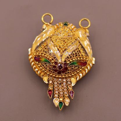 Genuine 22KT yellow gold tribal pendant with filigree and meenakari work, traditional Indian tribal jewelry design.