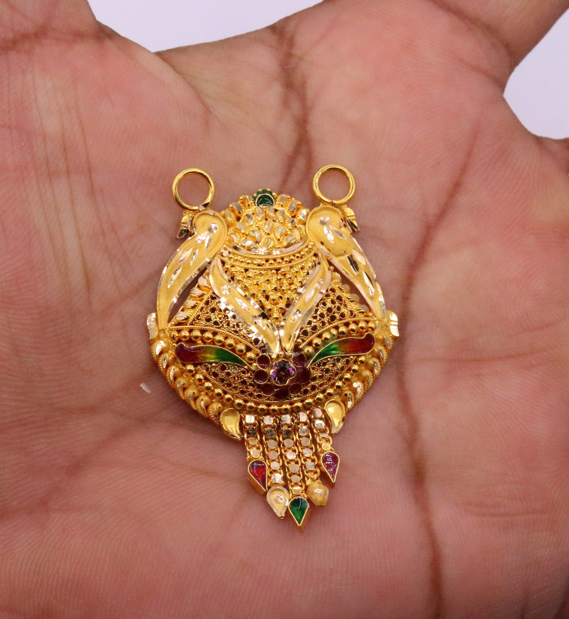 Genuine certified 22kt yellow gold solid filigree work meenakari work pendant necklace traditional art of indian tribal jewelry gp12 - TRIBAL ORNAMENTS