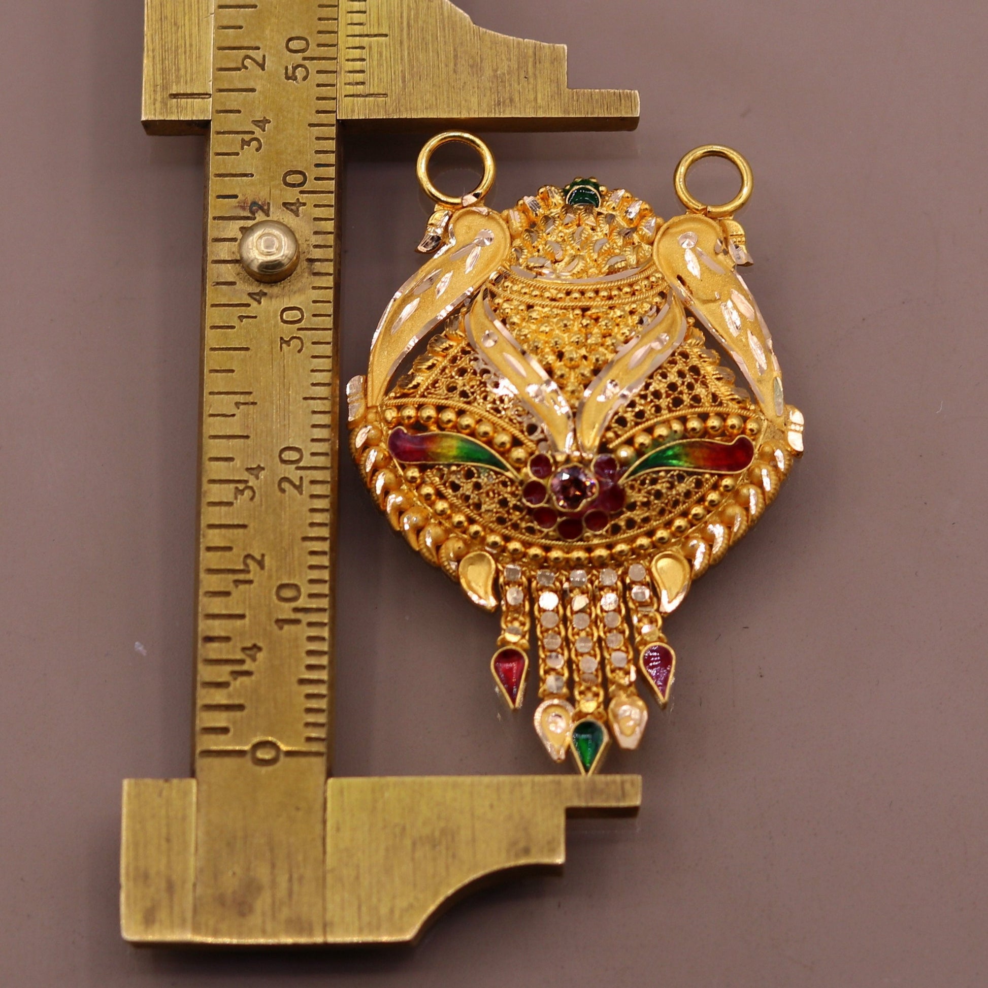 Genuine certified 22kt yellow gold solid filigree work meenakari work pendant necklace traditional art of indian tribal jewelry gp12 - TRIBAL ORNAMENTS