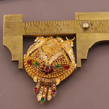 Genuine 22KT yellow gold tribal pendant with intricate filigree and meenakari work, traditional Indian tribal jewelry design.