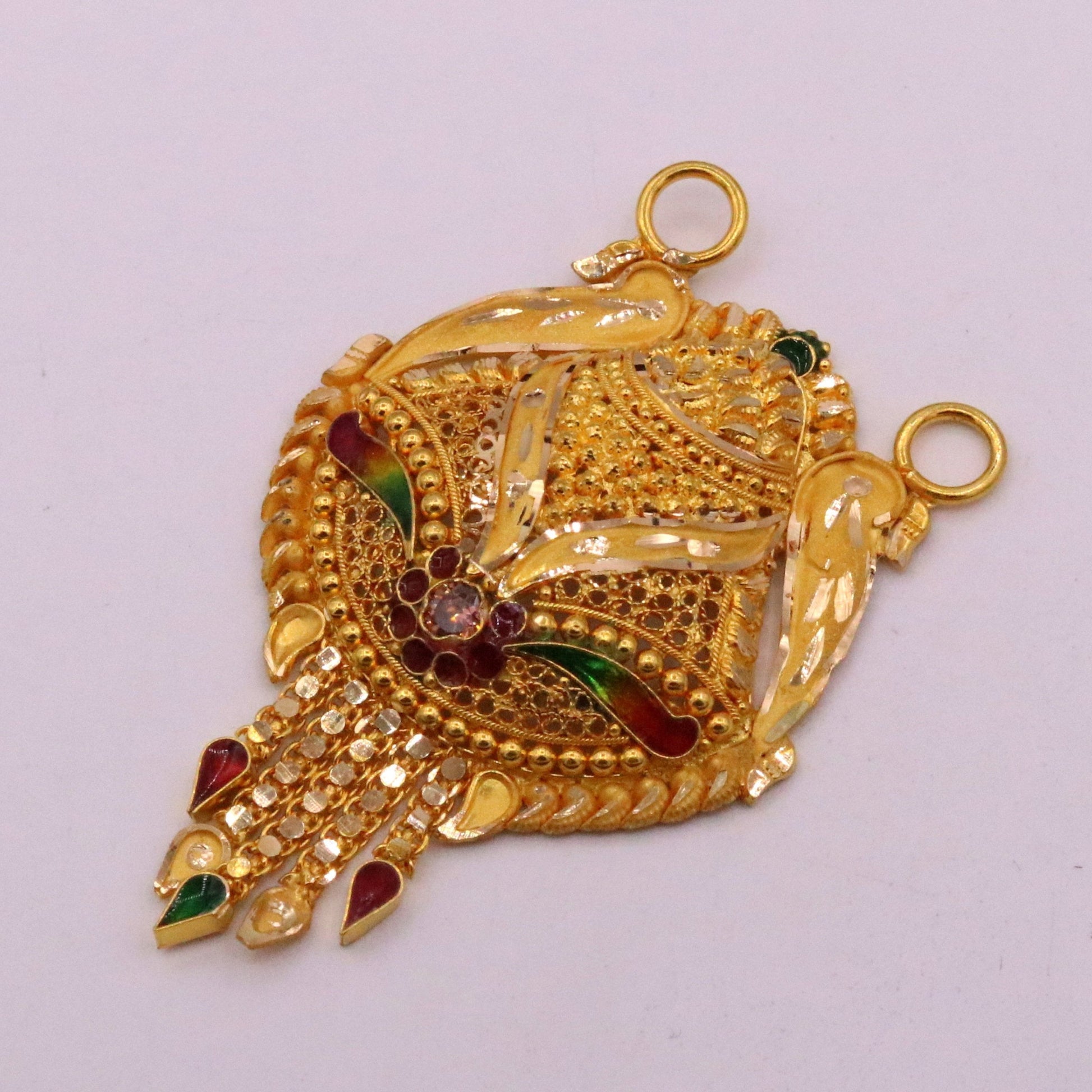 Genuine certified 22kt yellow gold solid filigree work meenakari work pendant necklace traditional art of indian tribal jewelry gp12 - TRIBAL ORNAMENTS