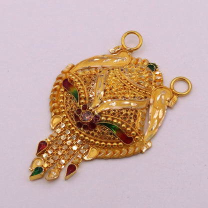 Genuine 22KT yellow gold tribal pendant with filigree and meenakari work, traditional Indian tribal jewelry design.