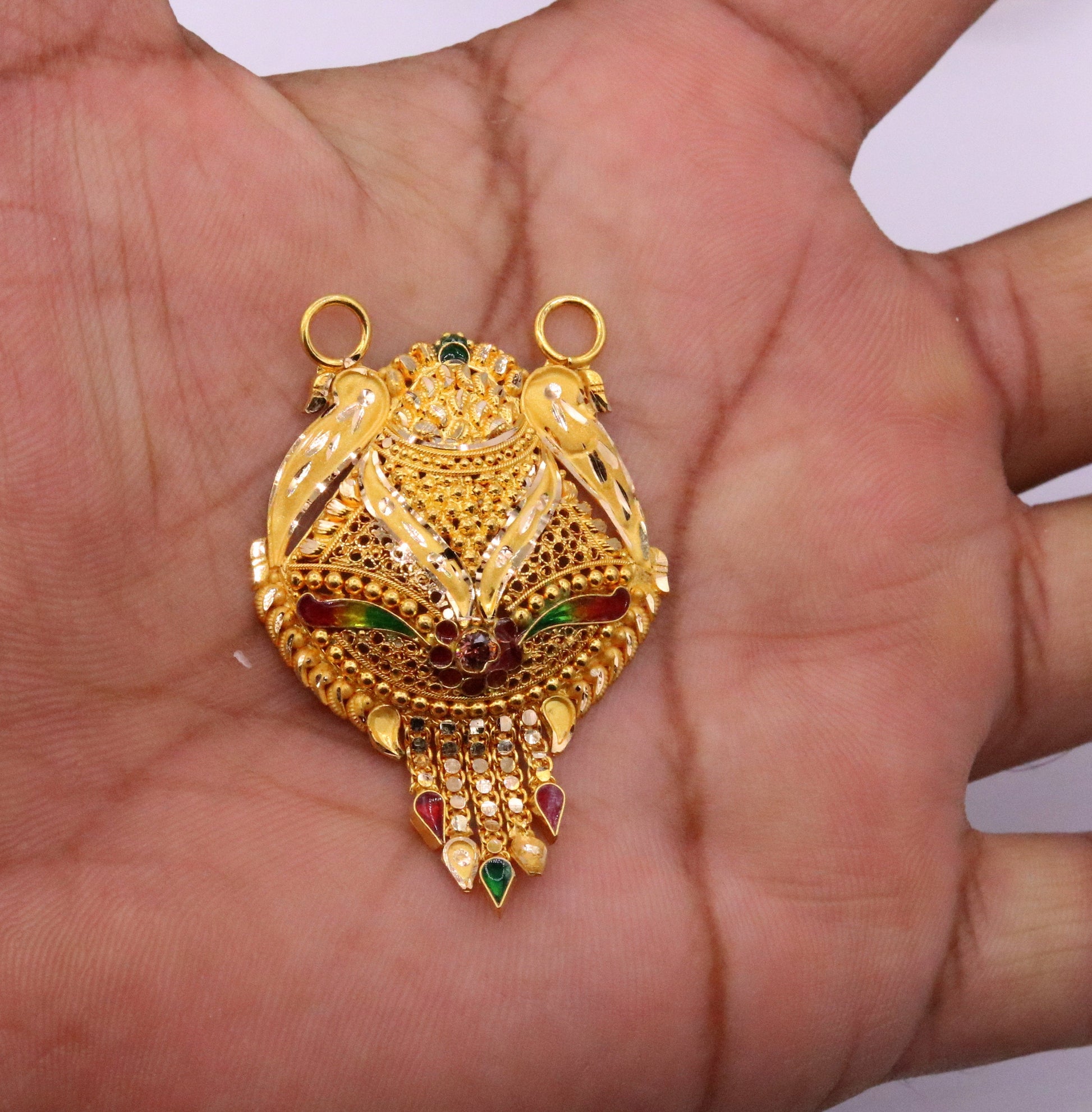 Genuine certified 22kt yellow gold solid filigree work meenakari work pendant necklace traditional art of indian tribal jewelry gp12 - TRIBAL ORNAMENTS