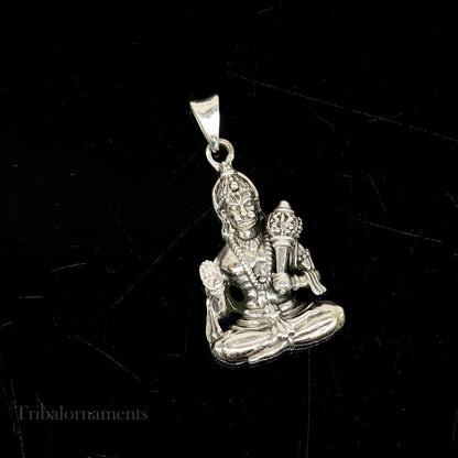 Sterling silver Hanuman pendant featuring Bajarangbali idol, handmade tribal jewelry, perfect for gifting or everyday wear.