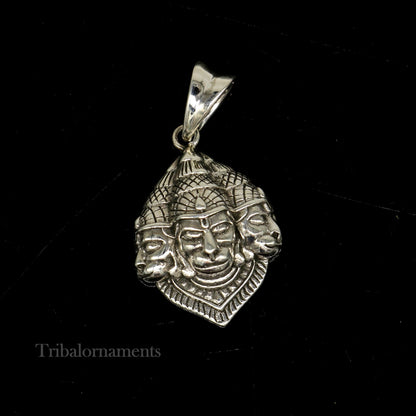 92.5 sterling silver Hanuman pendant featuring a three-face idol, handmade tribal jewelry, perfect for gifting.