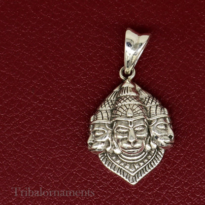 Sterling silver Hanuman pendant with three faces, handmade tribal jewelry, ideal for gifting, featuring detailed idol design.