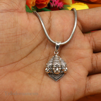 Sterling silver Hanuman pendant with three faces, handmade tribal jewelry, perfect for gifting or spiritual adornment.