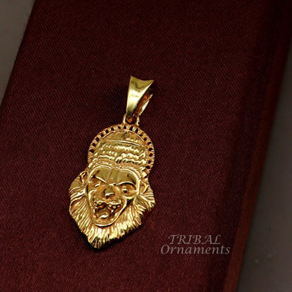 Gold polished 925 sterling silver Vishnu Narsimha pendant with intricate tribal design, featuring divine deity imagery.