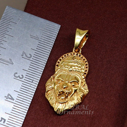 Gold polished 925 sterling silver Vishnu Narsimha pendant featuring intricate tribal design on a religious jewelry piece.