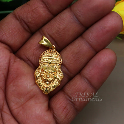 Gold polished 925 sterling silver Vishnu Narsimha pendant with intricate tribal design, showcasing detailed craftsmanship.