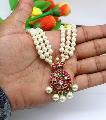 Gold polished over 92.5 sterling silver kundan jadau necklace, customized work pearls necklace brides ethnic belly dance jewelry set330 - TRIBAL ORNAMENTS