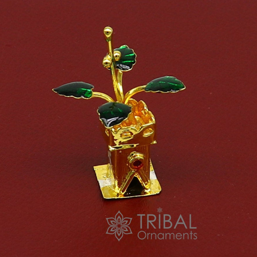 Gold polished over 925 sterling silver handmade mini tulsi plant basil rosary plant for puja article, silver worshiping article su1140 - TRIBAL ORNAMENTS