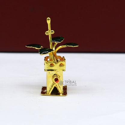 Gold polished sterling silver mini Tulsi basil rosary plant for puja, handmade worship article by Tribal Ornaments.