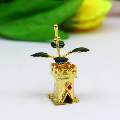 Gold polished sterling silver mini Tulsi basil rosary plant for puja, handcrafted by Tribal Ornaments, ideal for worship and religious rituals.