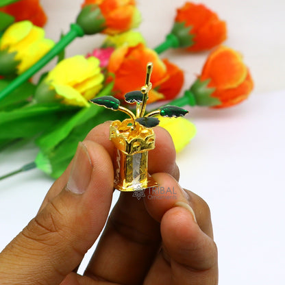 Gold polished sterling silver mini Tulsi basil plant rosary for puja, handcrafted by Tribal Ornaments, ideal for religious rituals.