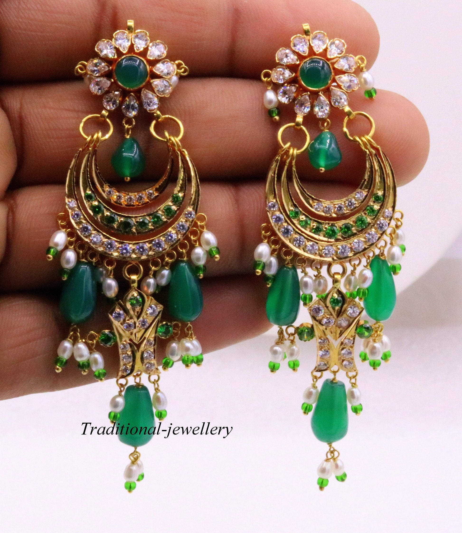 Handmade 22KT yellow gold vintage Jadau stone earrings by Tribal Ornaments, perfect for wedding or anniversary jewelry.