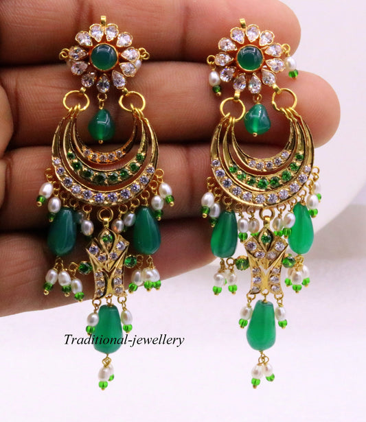 Gorgeous 22kt yellow gold handmade vintage antique jadau stone earrings Fabulous wedding anniversary gifting women's jewelry - TRIBAL ORNAMENTS