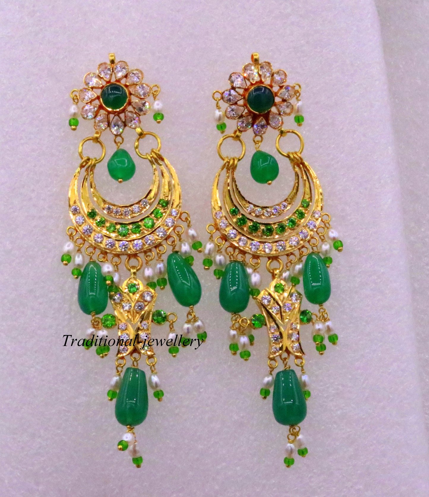 Handmade 22KT yellow gold vintage Jadau stone earrings by TRIBAL ORNAMENTS, perfect for weddings and special occasions.