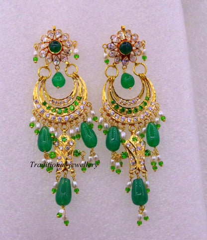 Handmade 22KT yellow gold vintage Jadau stone earrings by TRIBAL ORNAMENTS, perfect for weddings and special occasions.
