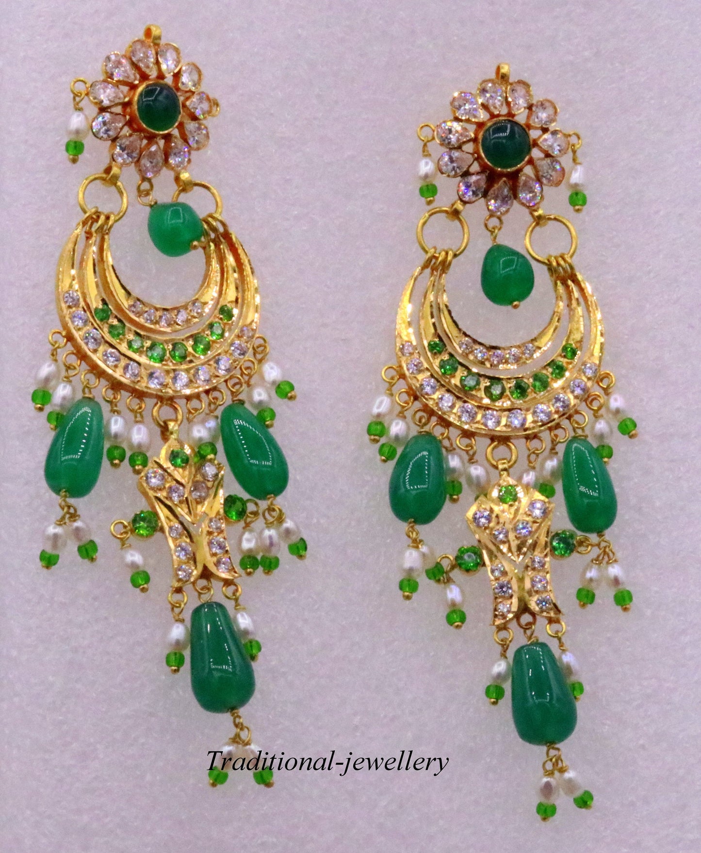 Handmade vintage 22KT yellow gold Jadau stone earrings by TRIBAL ORNAMENTS, featuring intricate design for wedding and anniversary jewelry.