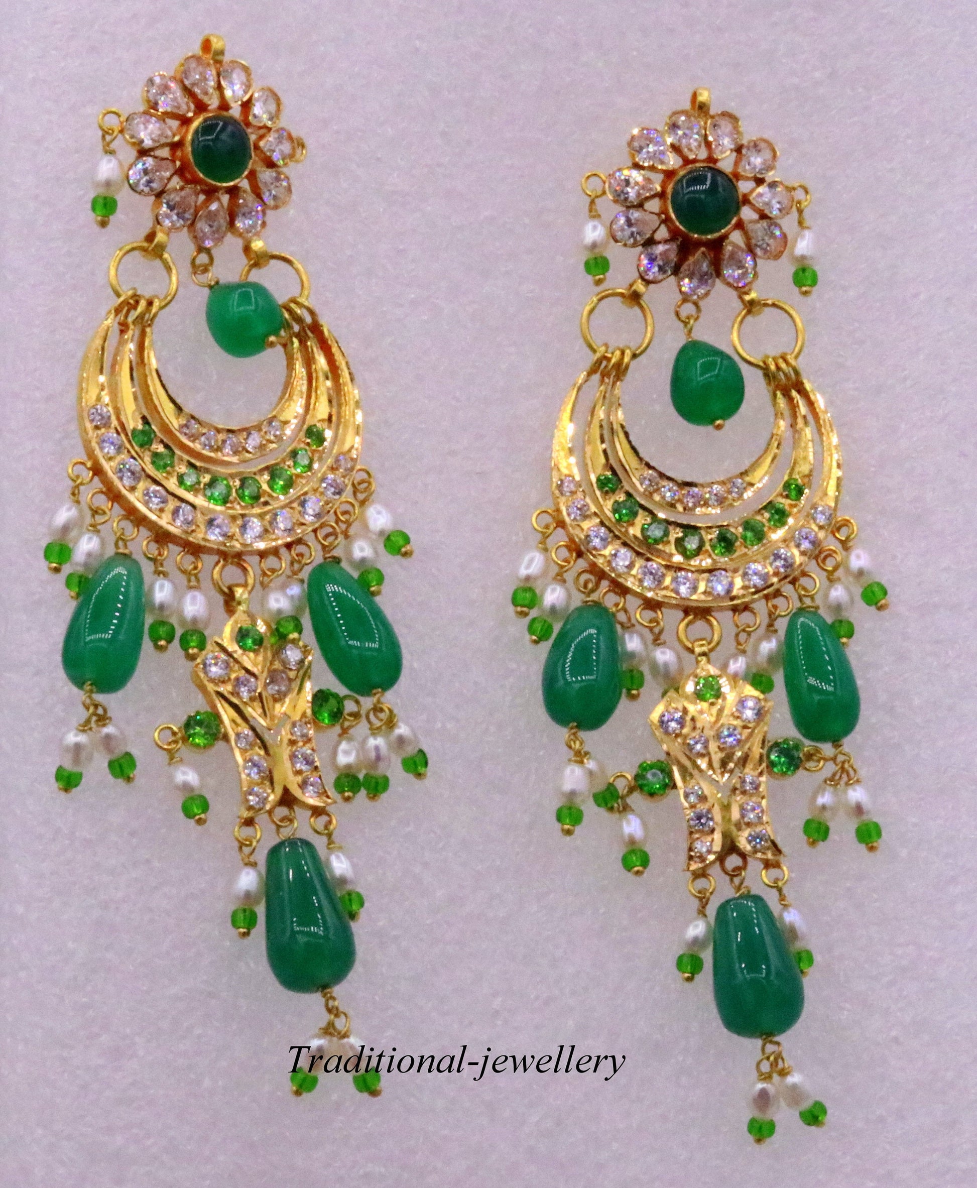 Handmade vintage 22KT yellow gold Jadau stone earrings by TRIBAL ORNAMENTS, featuring intricate design for wedding and anniversary jewelry.