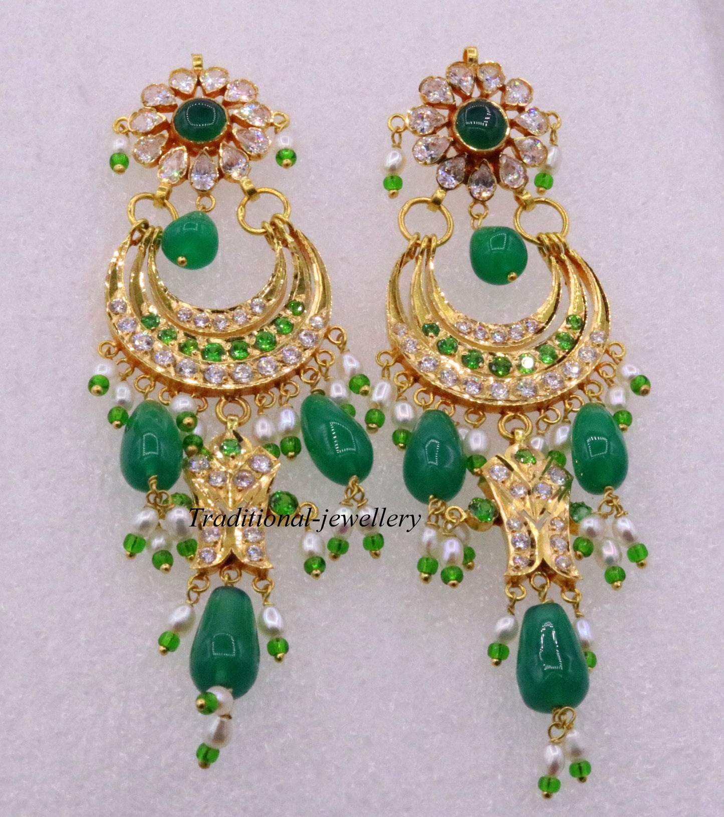 Gorgeous 22KT yellow gold handmade vintage Jadau stone earrings by TRIBAL ORNAMENTS, perfect for wedding or anniversary jewelry.