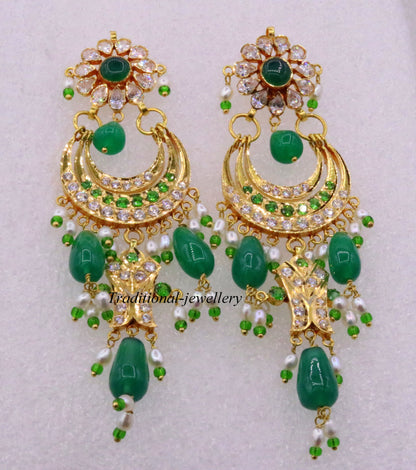 Gorgeous 22KT yellow gold handmade vintage Jadau stone earrings by TRIBAL ORNAMENTS, perfect for wedding or anniversary jewelry.