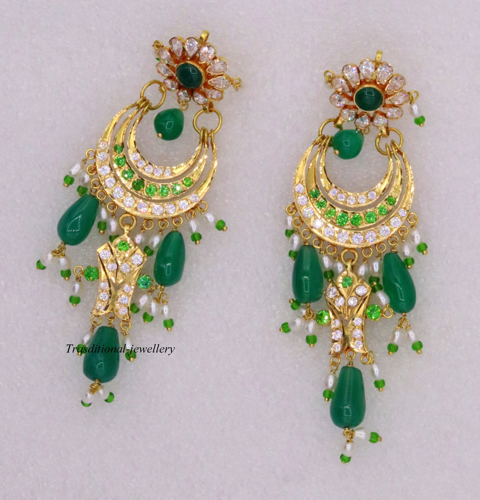 Gorgeous 22KT yellow gold handmade vintage Jadau stone earrings by TRIBAL ORNAMENTS, perfect for wedding or anniversary jewelry.