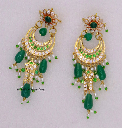 Gorgeous 22KT yellow gold handmade vintage Jadau stone earrings by TRIBAL ORNAMENTS, perfect for wedding or anniversary jewelry.