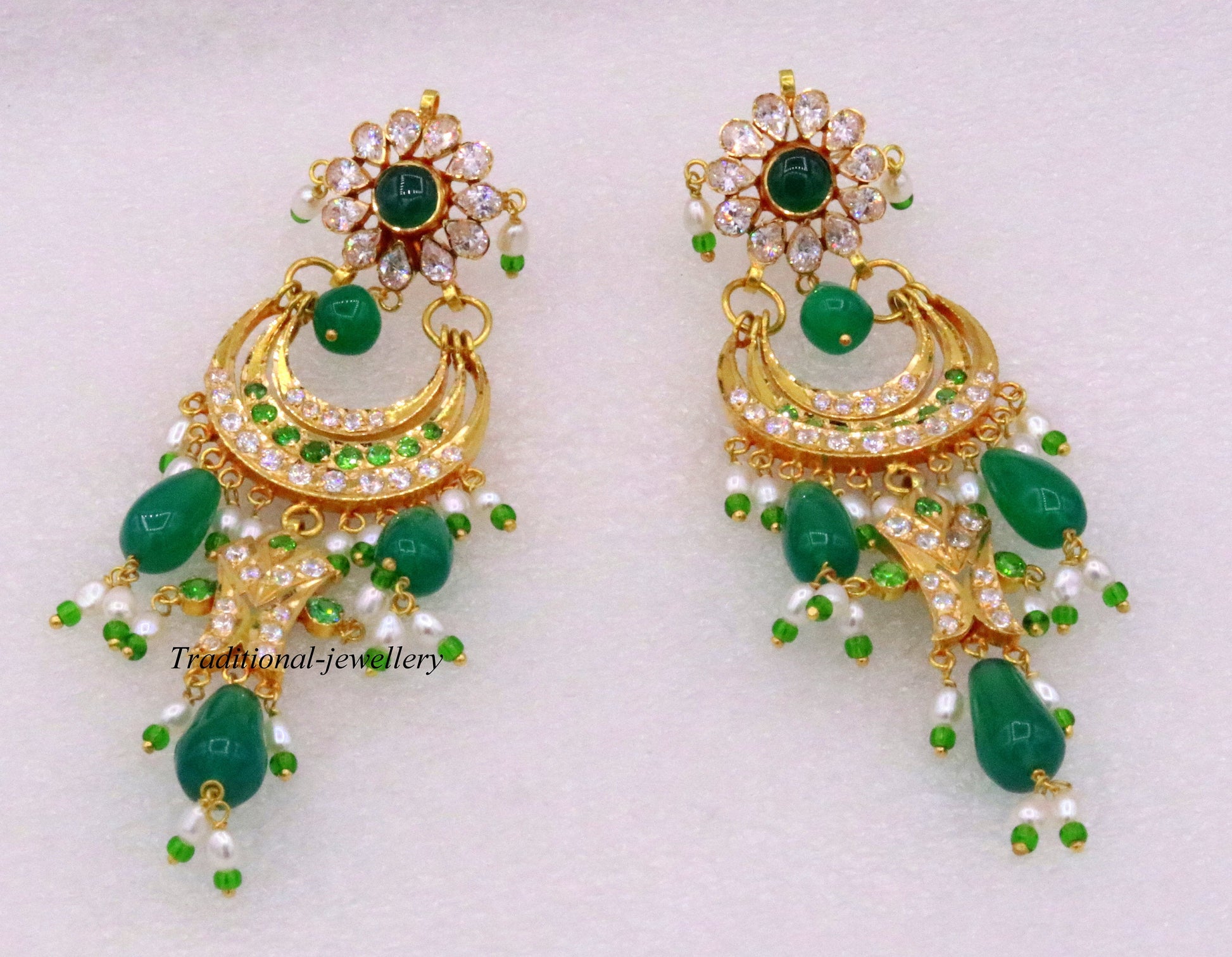22KT yellow gold vintage Jadau stone earrings by Tribal Ornaments, intricate handmade jewelry for weddings and special occasions.