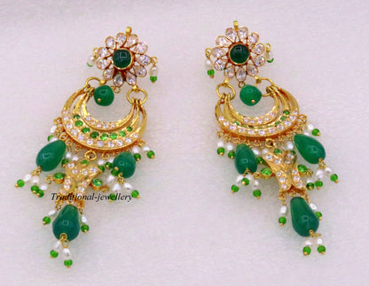 22KT yellow gold vintage Jadau stone earrings by Tribal Ornaments, intricate handmade jewelry for weddings and special occasions.