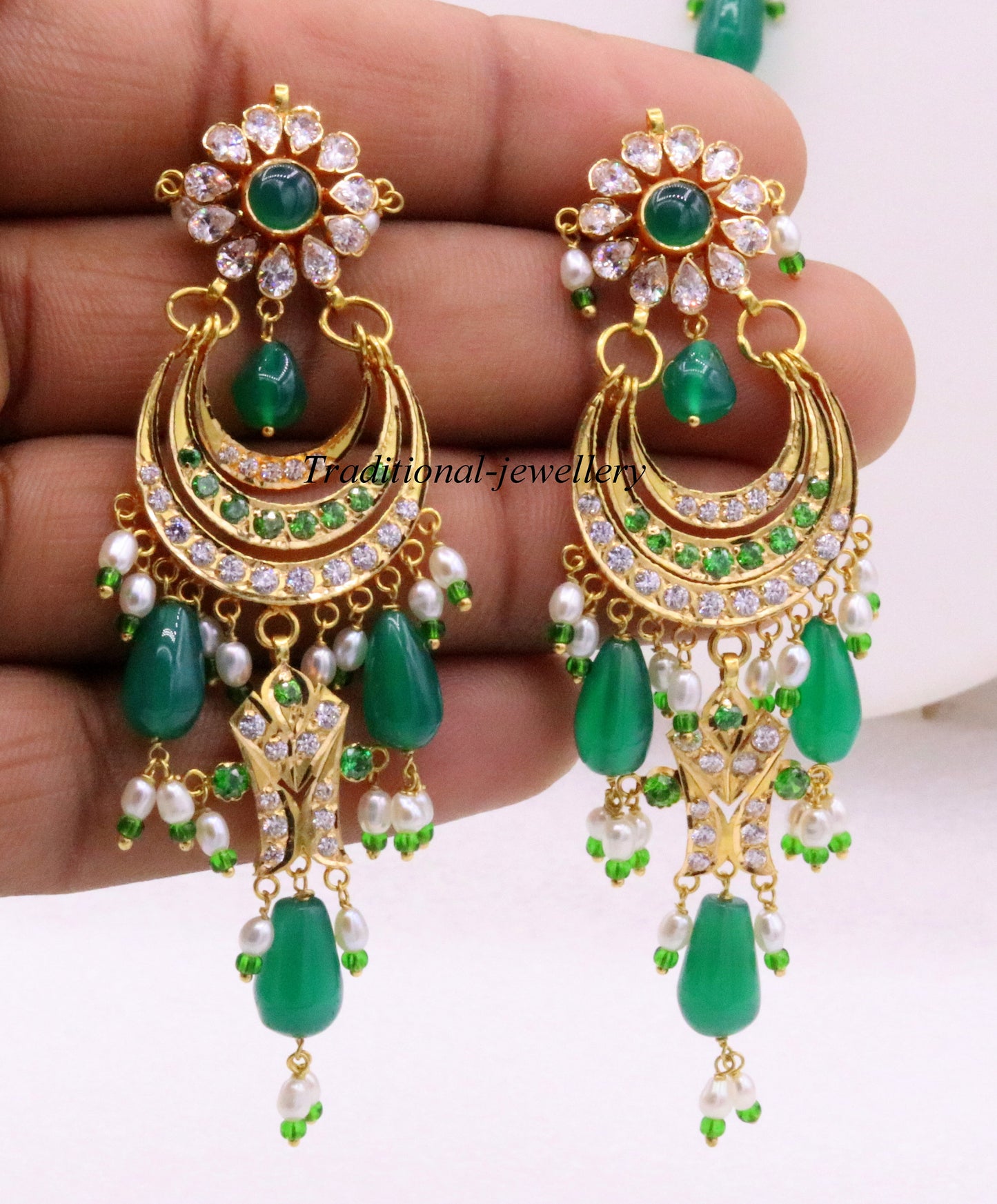 Gorgeous 22KT yellow gold handmade vintage Jadau stone earrings by TRIBAL ORNAMENTS, perfect for weddings and anniversaries.