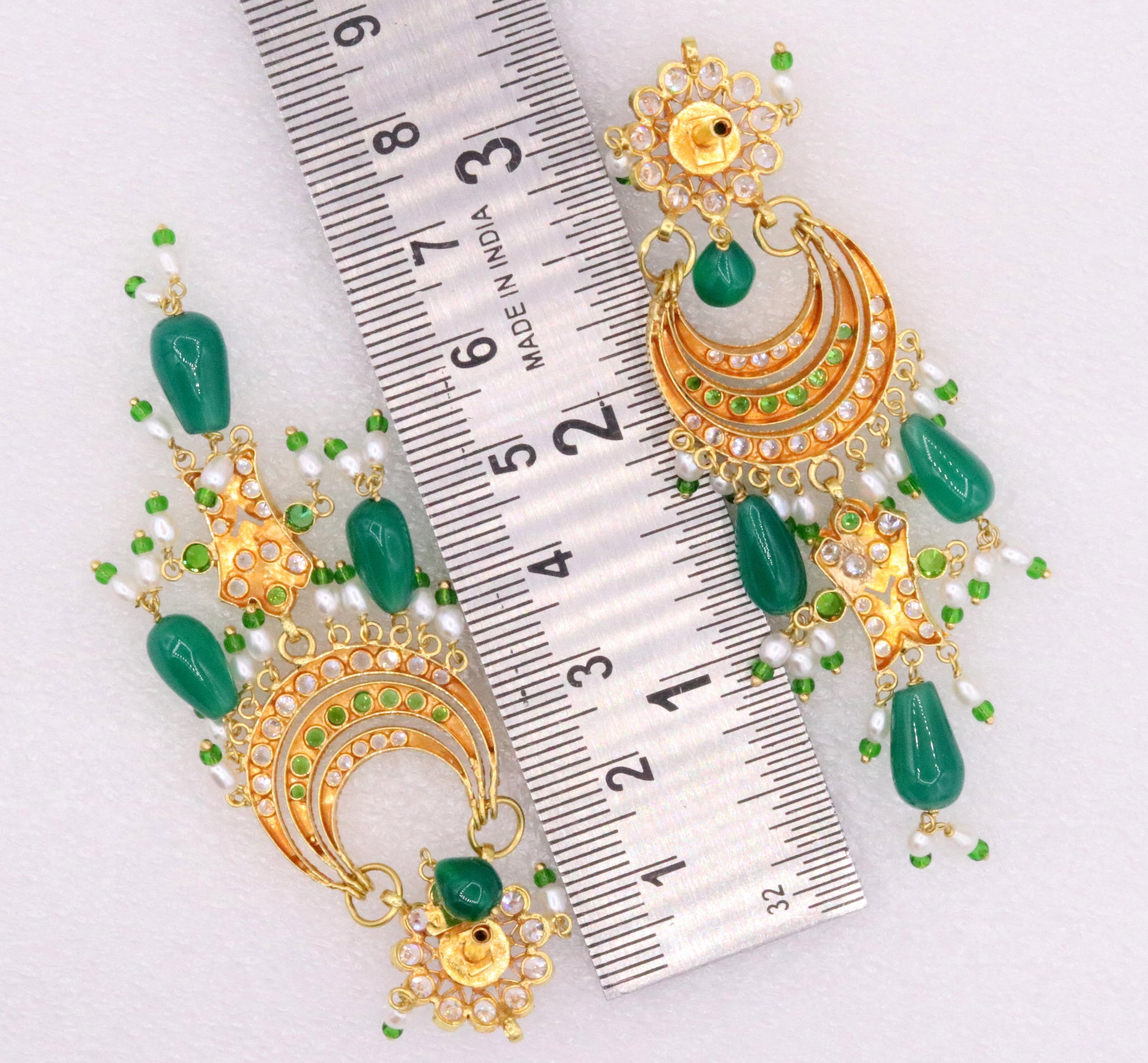 Beautiful 22KT yellow gold handmade vintage Jadau stone earrings by Tribal Ornaments, perfect for wedding or anniversary jewelry.