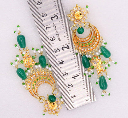 Beautiful 22KT yellow gold handmade vintage Jadau stone earrings by Tribal Ornaments, perfect for wedding or anniversary jewelry.