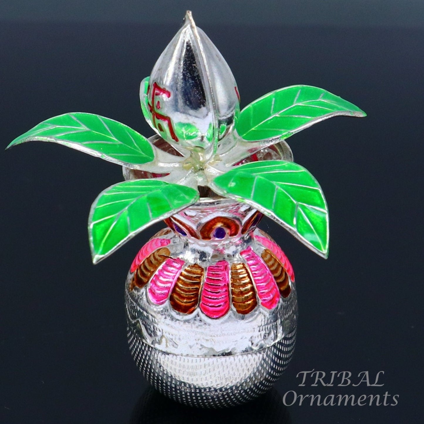 Gorgeous Sterling silver handmade vintage design puja kalash with silver coconuts and leaf, excellent home temple article worshipping su818 - TRIBAL ORNAMENTS