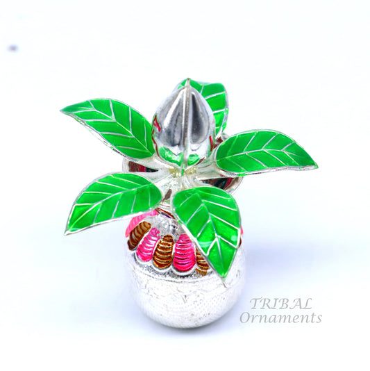 Gorgeous Sterling silver handmade vintage design puja kalash with silver coconuts and leaf, excellent home temple article worshipping su818 - TRIBAL ORNAMENTS