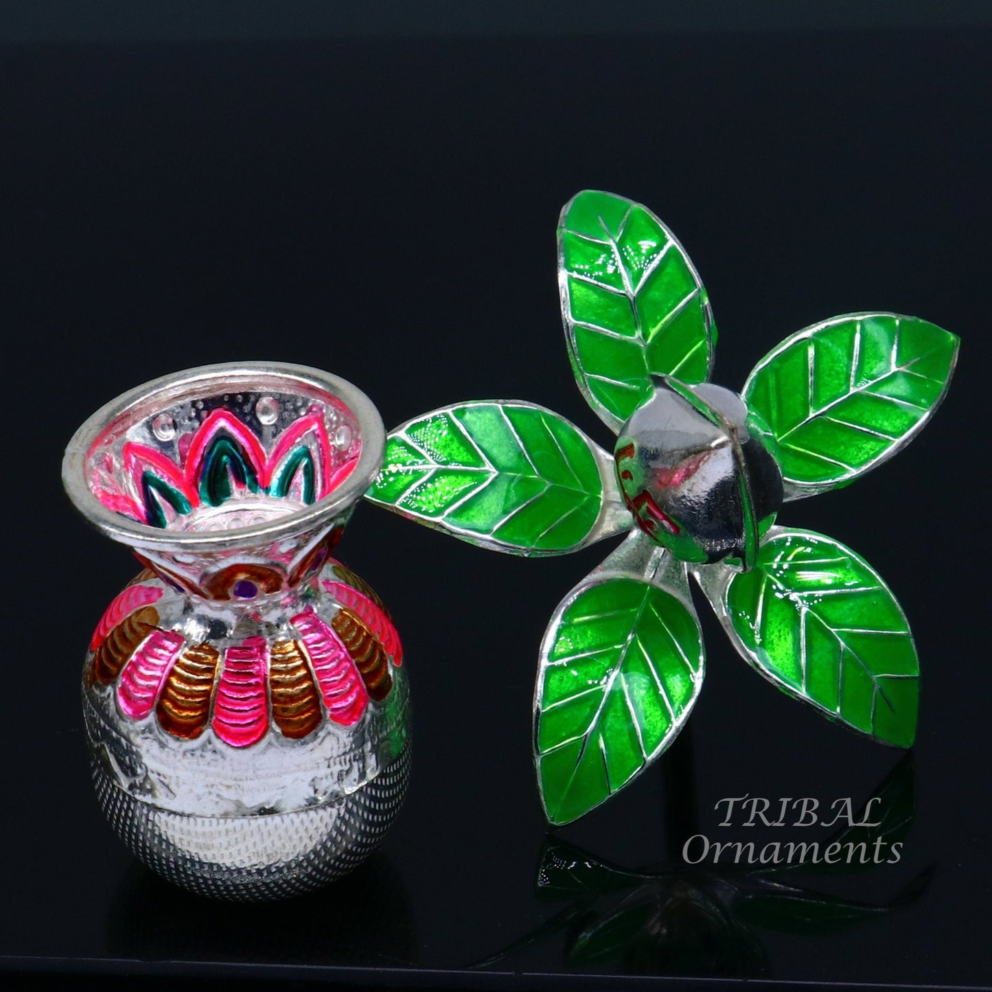 Gorgeous Sterling silver handmade vintage design puja kalash with silver coconuts and leaf, excellent home temple article worshipping su818 - TRIBAL ORNAMENTS