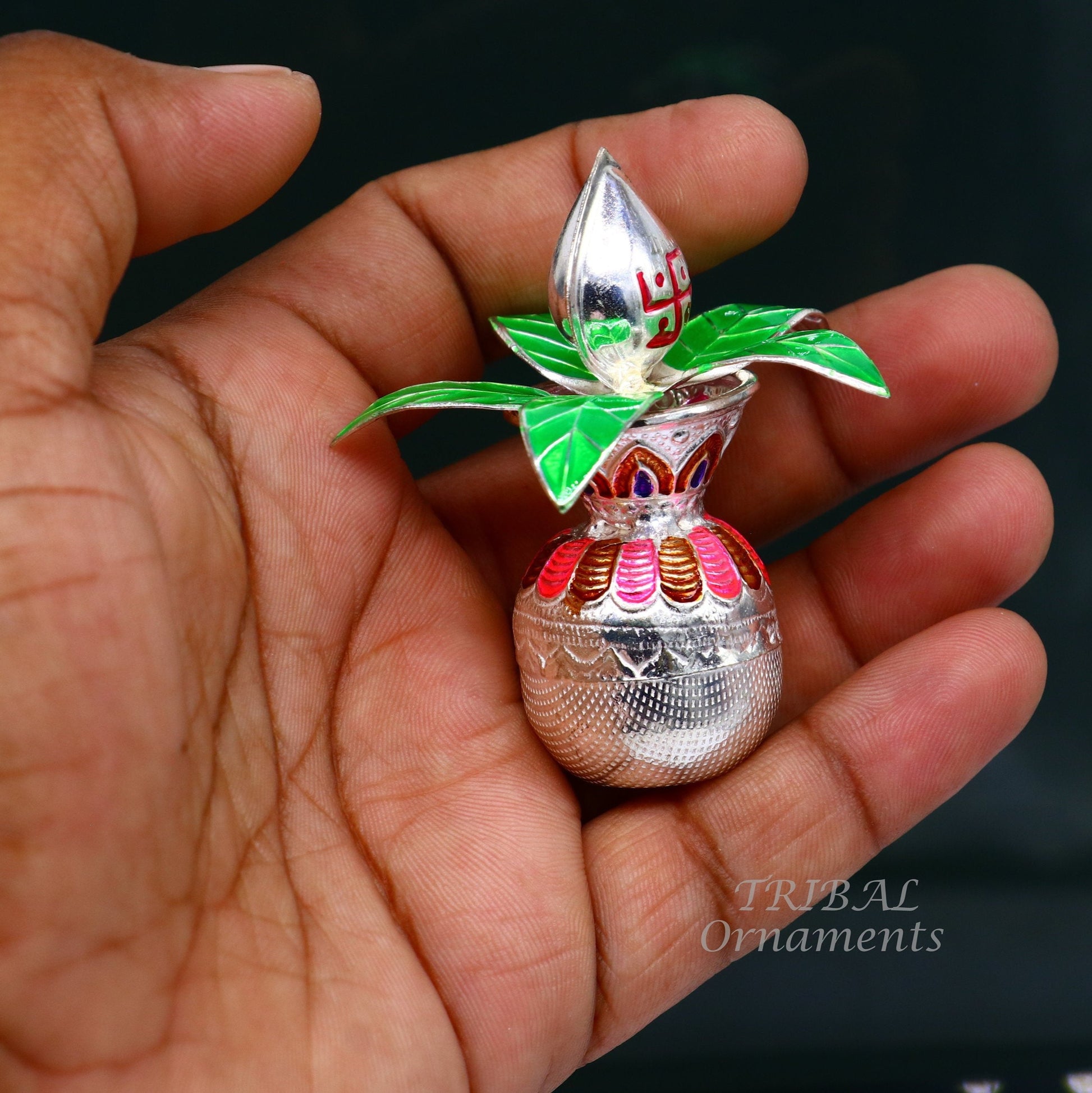 Gorgeous Sterling silver handmade vintage design puja kalash with silver coconuts and leaf, excellent home temple article worshipping su818 - TRIBAL ORNAMENTS