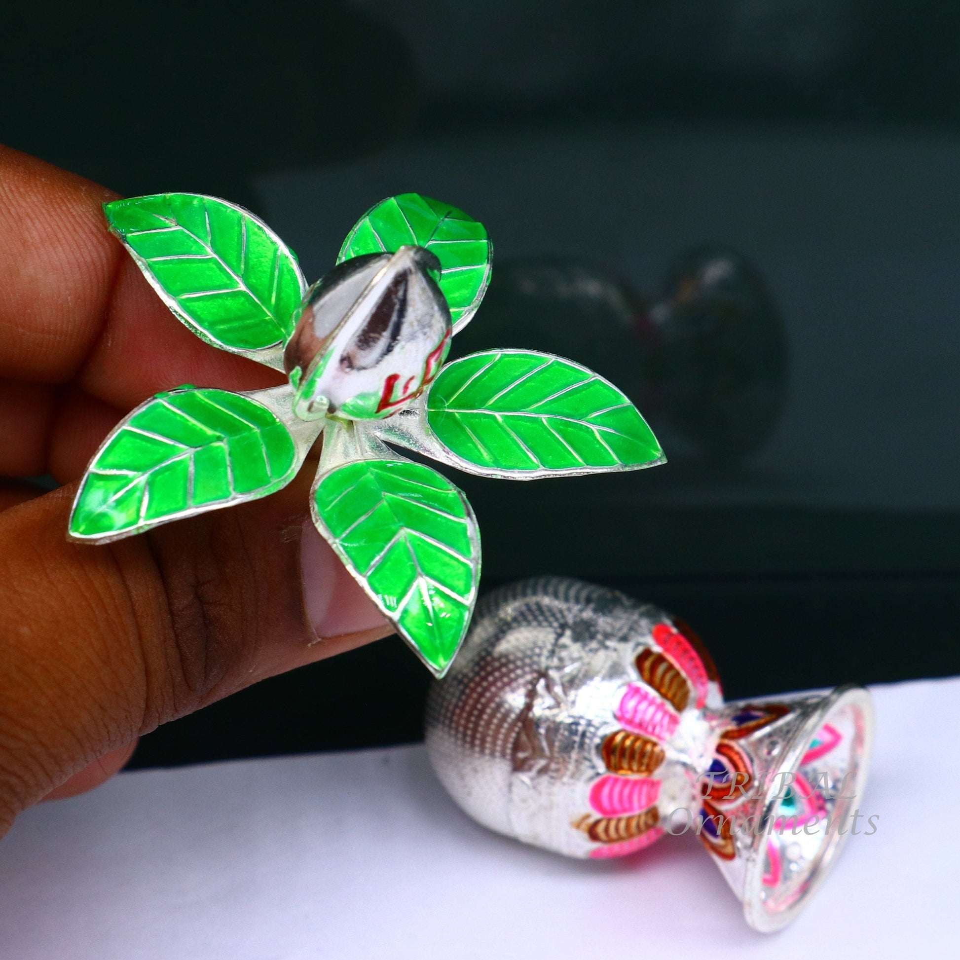 Gorgeous Sterling silver handmade vintage design puja kalash with silver coconuts and leaf, excellent home temple article worshipping su818 - TRIBAL ORNAMENTS