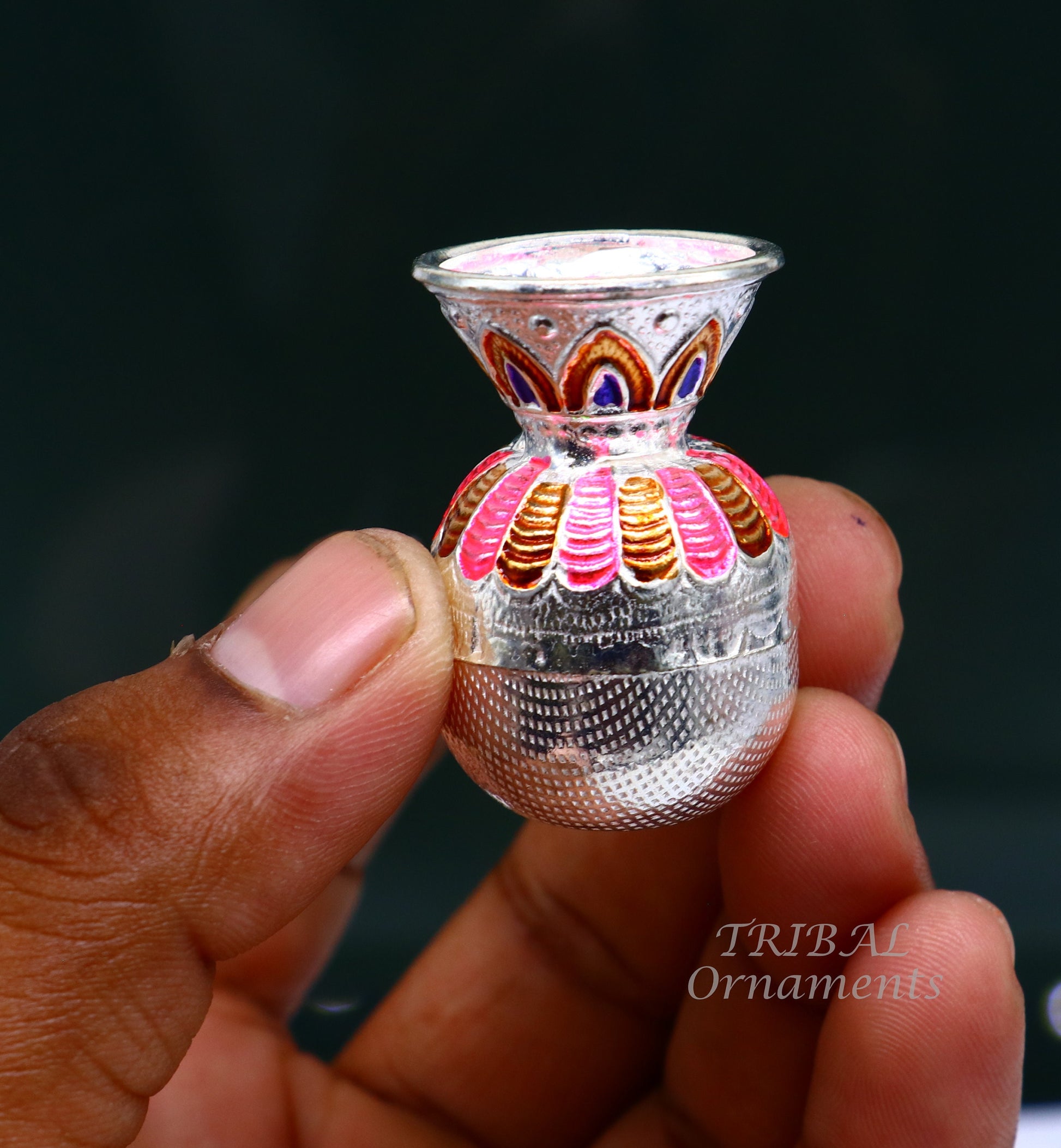 Gorgeous Sterling silver handmade vintage design puja kalash with silver coconuts and leaf, excellent home temple article worshipping su818 - TRIBAL ORNAMENTS