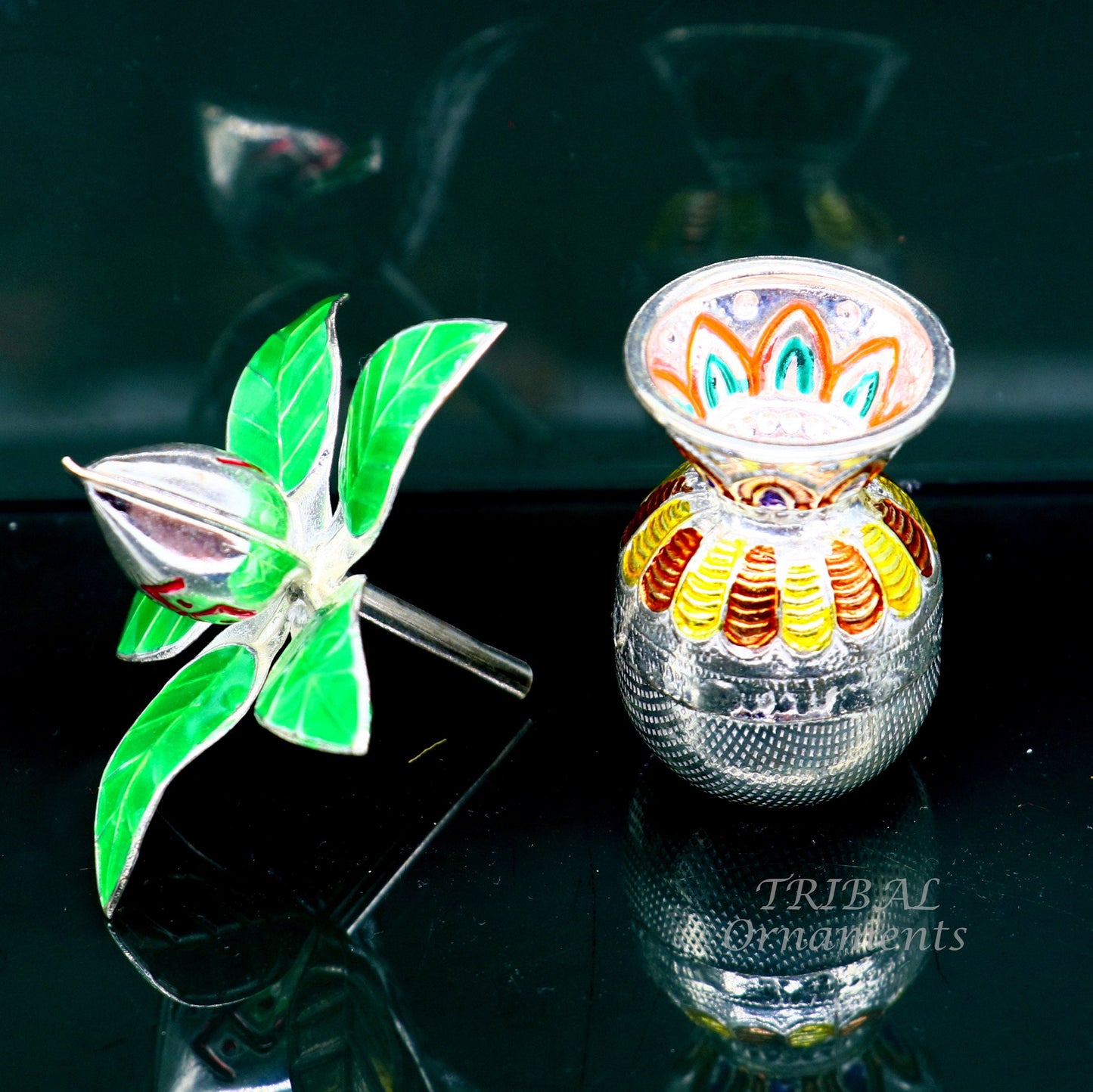 Gorgeous Sterling silver handmade vintage design puja kalash with silver coconuts and leaf, excellent home temple article worshipping su819 - TRIBAL ORNAMENTS