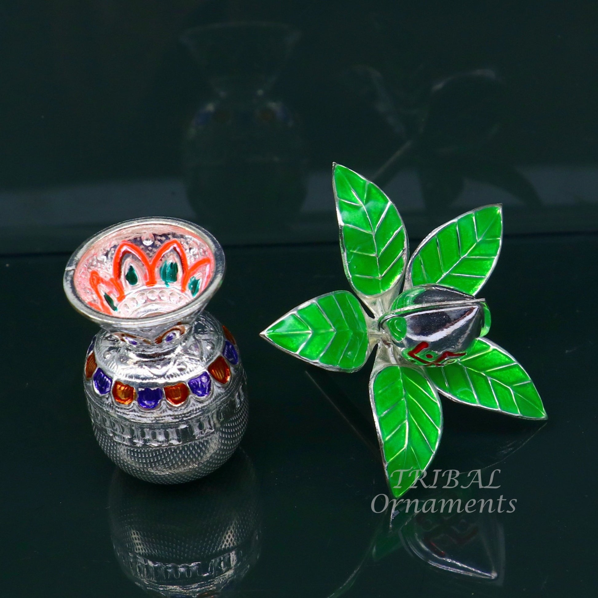 Gorgeous Sterling silver handmade vintage design puja kalash with silver coconuts and leaf, excellent home temple article worshipping su820 - TRIBAL ORNAMENTS