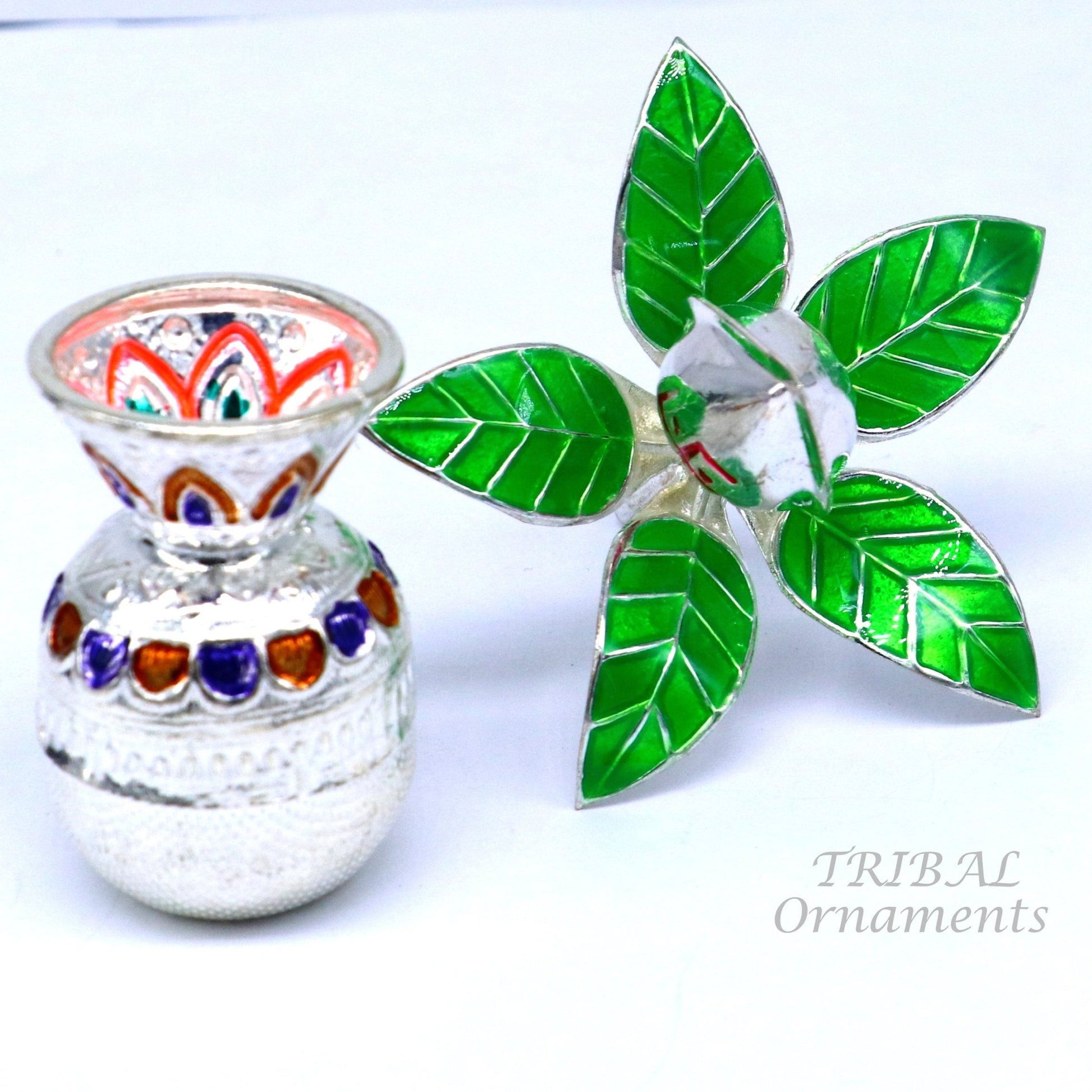 Gorgeous Sterling silver handmade vintage design puja kalash with silver coconuts and leaf, excellent home temple article worshipping su820 - TRIBAL ORNAMENTS
